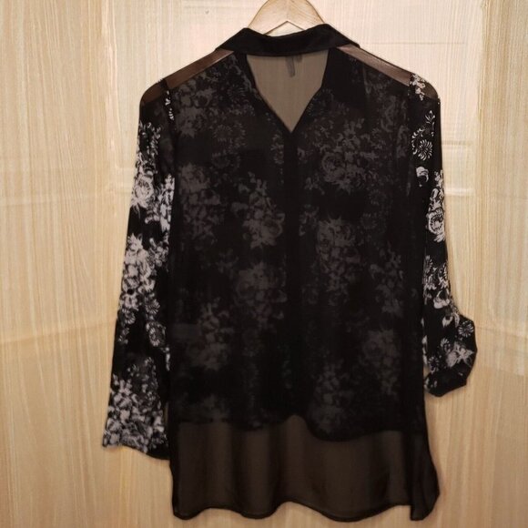 Studio Y Womens Black Sheer Floral High Low Blouse Large - Picture 2 of 8